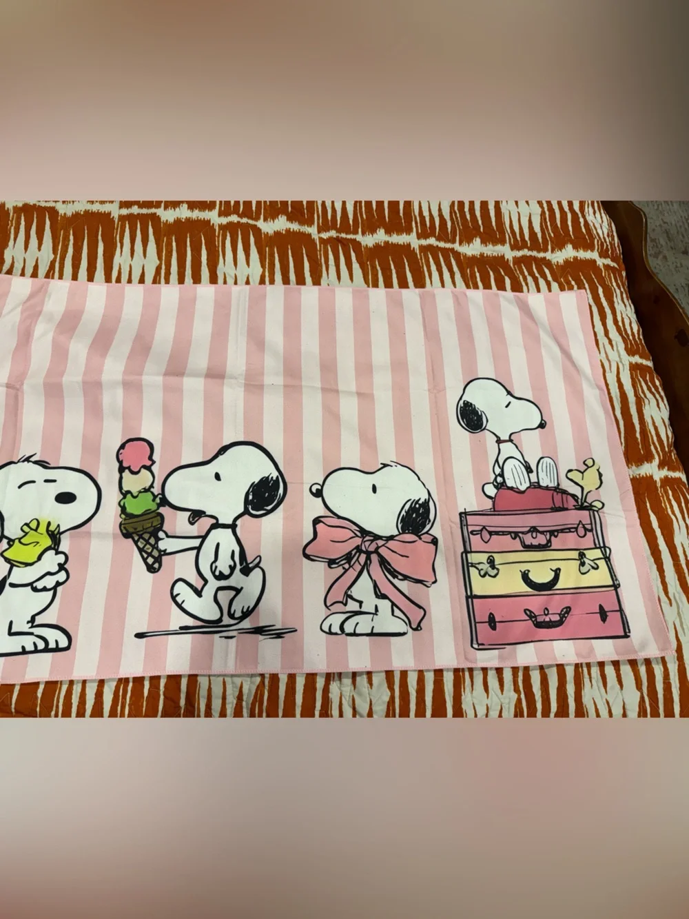 Pink Snoopy Beach Towel - Cartoon Stripe Design